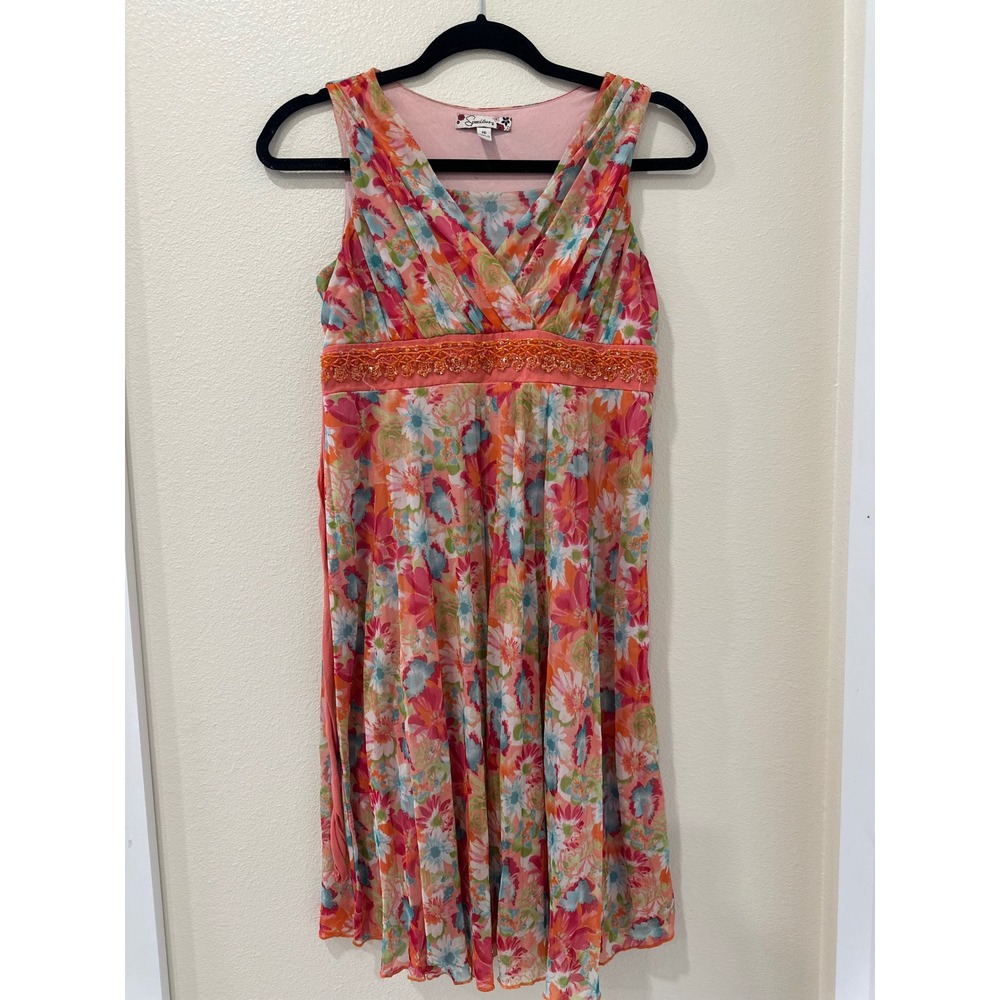 Y2K Speechless Youth Pink Orange Blue Floral Beaded Empire Waist Dress Size 16